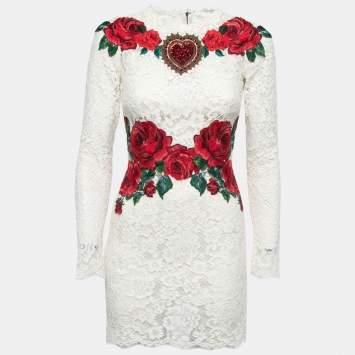 Pre Owned Dolce & Gabbana White Lace Rose Embroidered Mini Dress S