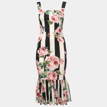 Pre Owned Dolce & Gabbana Black/White Floral Printed Silk Flared Hem Midi Dress S