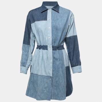 Pre Owned Dolce & Gabbana Blue Patched Denim Shirt Mini Dress XS