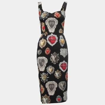 مملوكة مسبقًا Dolce & Gabbana Black Sacred Hearts Printed Silk Midi Dress S