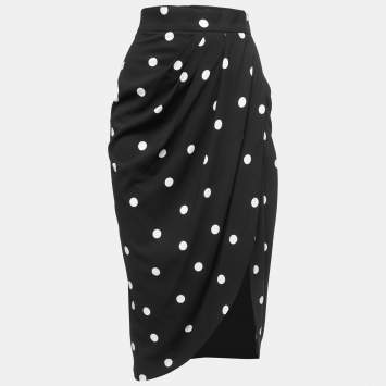 Pre Owned Dolce & Gabbana Black Polka Dot Print Crepe Draped Skirt XS