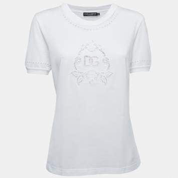Pre Owned Dolce & Gabbana White Cotton Logo Broderie Anglaise Crew Neck T-Shirt M