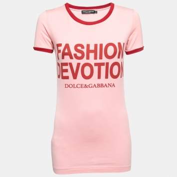 Pre Owned Dolce & Gabbana Pink Fashion Devotion Print Cotton Crew Neck T-Shirt XS