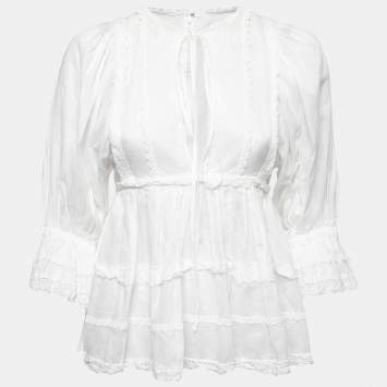 Pre Owned Dolce & Gabbana White Batista Cotton Lace Trim Gathered Blouse S