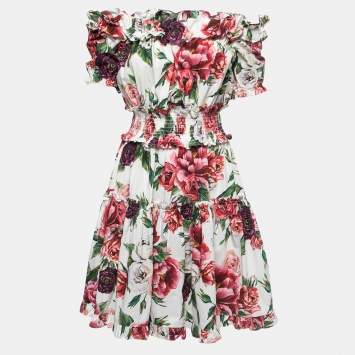 Pre Owned Dolce & Gabbana White Floral Printed Cotton Off Shoulder Mini Dress M