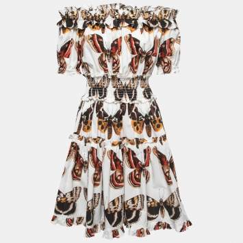 Pre Owned Dolce & Gabbana White Butterfly Printed Cotton Ruffled Mini Dress M