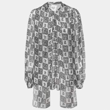 Pre Owned Dolce & Gabbana Monochrome Floral Grid Print Silk Tie Detail Blouse S