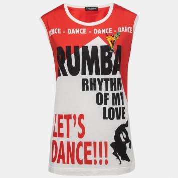 Pre Owned Dolce & Gabbana Red Let's Dance Printed Cotton Sleeveless T-Shirt S
