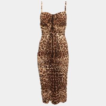 Pre Owned Dolce & Gabbana Brown Animal Printed Silk Ruched Midi Dress M