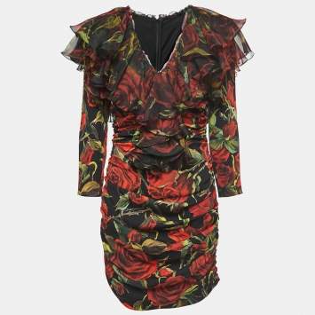 Pre Owned Dolce & Gabbana Black/Red Rose Printed Stretch Silk Ruched Mini Dress M