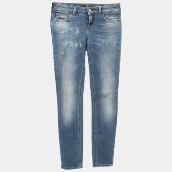 Pre Owned Dolce & Gabbana Blue Distressed Denim Pretty Skinny Jeans XS Waist 26"