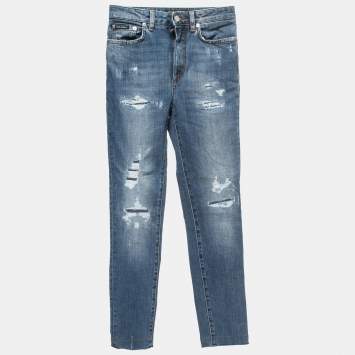 Pre Owned Dolce & Gabbana Blue Distressed Denim Audrey Skinny Jeans XS Waist 24"