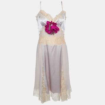 Pre Owned Dolce & Gabbana Light Purple & Pink layered Silk Satin & Lace Slip Dress M