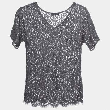 Pre Owned Dolce & Gabbana Grey Lace V-Neck Top S