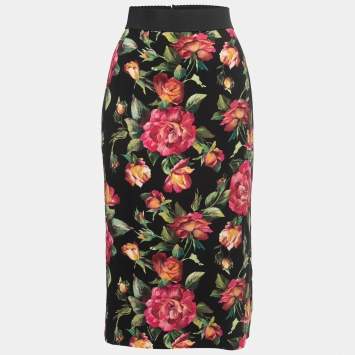 Pre Owned Dolce & Gabbana Black Floral Printed Crepe Pencil Skirt M