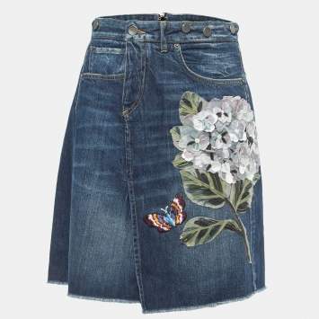 Pre Owned Dolce & Gabbana Navy Blue Denim Applique Detail Mini Skirt S