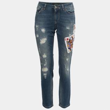 Pre Owned Dolce & Gabbana Blue Denim Cards Embellished Pretty Fit Jeans M