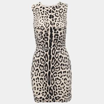 Pre Owned Dolce & Gabbana Cream Animal Printed Silk Sleeveless Sheath Dress S
