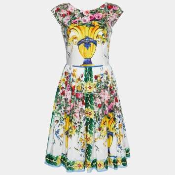 Pre Owned Dolce & Gabbana White Majolica Roses Printed Cotton Midi Dress M
