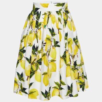 Pre Owned Dolce & Gabbana White Lemon Printed Cotton Skirt M