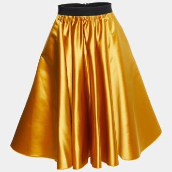 Pre Owned Dolce & Gabbana Yellow Sateen Flared Midi Skirt S