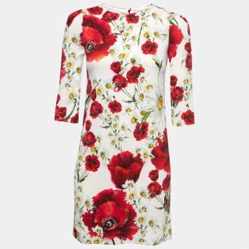 Pre Owned Dolce & Gabbana White Poppy Printed Crepe Shift Mini Dress S
