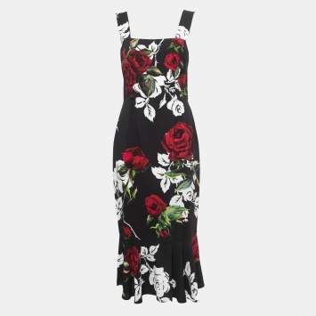 Pre Owned Dolce & Gabbana Black Rose Print Crepe Sleeveless Midi Dress M