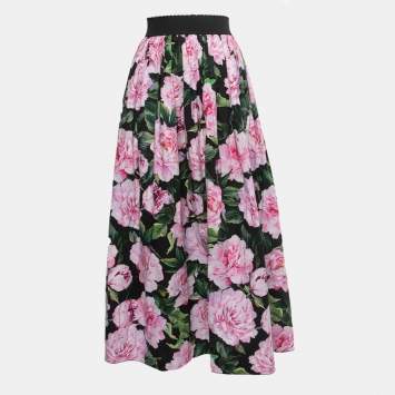 Pre Owned Dolce & Gabbana Black Floral Printed Cotton-Poplin Midi Skirt S