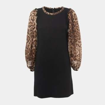 Pre Owned Dolce & Gabbana Black/Brown Animal Print Chiffon Sleeves Mini Dress XS