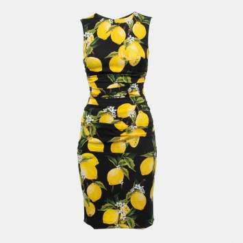 Pre Owned Dolce & Gabbana Black Lemon Print Silk Ruched Sleeveless Short Dress S