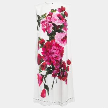 Pre Owned Dolce & Gabbana White Peony Printed Crepe Sleeveless Shift Dress M
