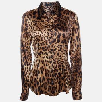Pre Owned Dolce & Gabbana Brown Animal Printed Silk Satin Button Front Shirt M