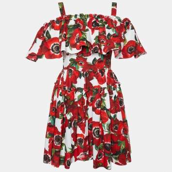 Pre Owned Dolce & Gabbana Red Floral Printed Cotton Cold Shoulder Mini Dress L