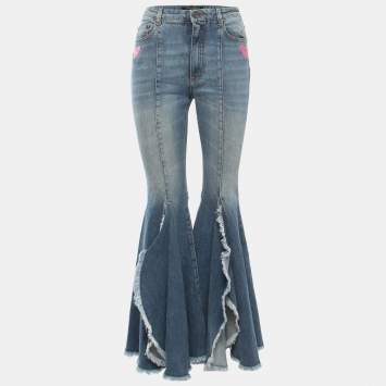 Pre Owned Dolce & Gabbana Blue  Washed Denim Embellished Heart Detail Flared Jeans S Waist 26"