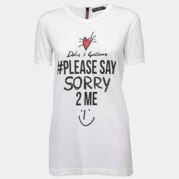 Pre Owned Dolce & Gabbana White Print Cotton Embellished Zip Detail Short Sleeve T-Shirt XS