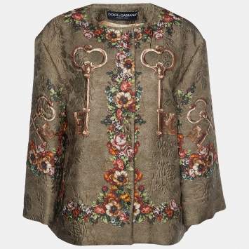 Pre Owned Dolce & Gabbana Olive Green Rose & Key Printed Jacquard Button Front Jacket L