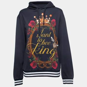 Pre Owned Dolce & Gabbana Navy Blue 'I Want To Bee King' Print Cotton Hooded Sweatshirt L