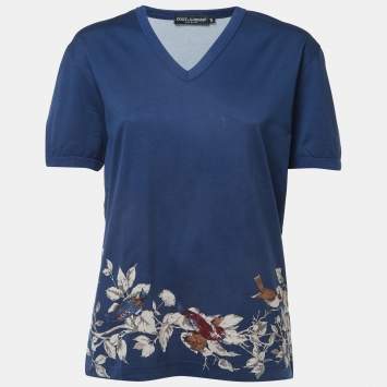 Pre Owned Dolce & Gabbana Navy Blue Birds Print Cotton V Neck Half Sleeve T-Shirt L