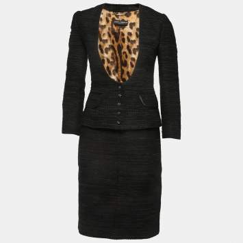 Pre Owned Dolce & Gabbana Black Textured Cotton Blend Skirt Suit S