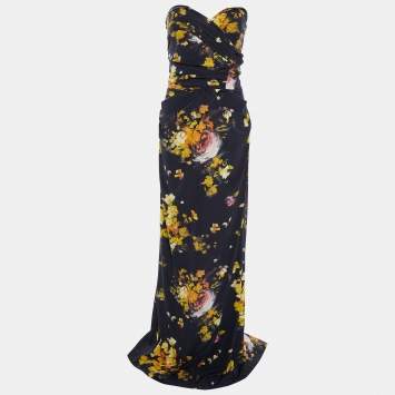 Pre Owned Dolce & Gabbana Black Floral Printed Silk Draped Strapless Gown M