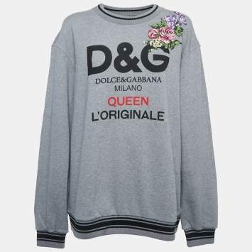 Pre Owned Dolce & Gabbana Grey Logo Print Cotton Embroidered Patch Crew Neck Sweatshirt M