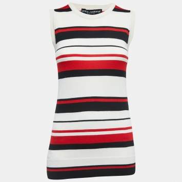 Pre Owned Dolce & Gabbana Cream Striped Knit Sleeveless Top M