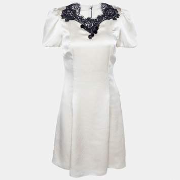 Pre Owned Dolce & Gabbana Cream Textured Satin Contrast Detail Min Dress S