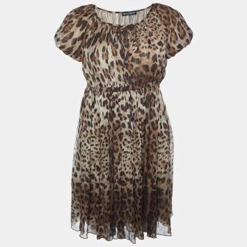 Pre Owned Dolce & Gabbana Brown Animal Printed Silk Pleated Dress S