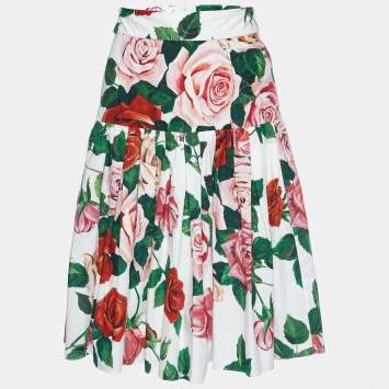 Pre Owned Dolce & Gabbana White Roses Printed Cotton Skirt S