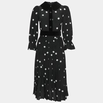 Pre Owned Dolce & Gabbana Black Polka Dotted Silk Blend Velvet Trim Pleated Midi Dress S