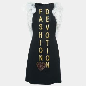 Pre Owned Dolce & Gabbana Black Embroidered Crepe Lace Detailed Sleeve Mini Dress S