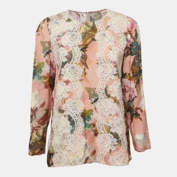 Pre Owned Dolce & Gabbana Pink Floral Print Silk Lace Trimmed Long Sleeve Blouse L