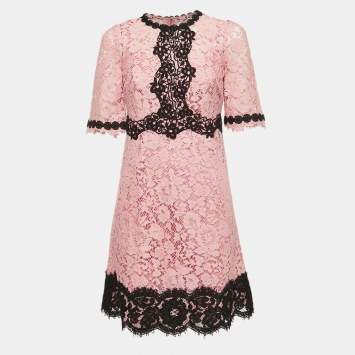 Pre Owned Dolce & Gabbana Pink/Black Floral Lace Mini Dress S