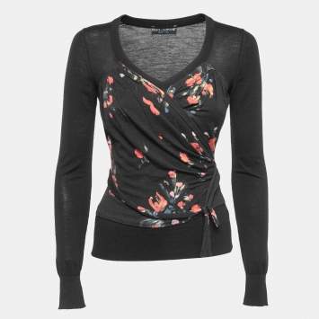 Pre Owned Dolce & Gabbana Black Floral Print Knit Draped Long Sleeve Top S